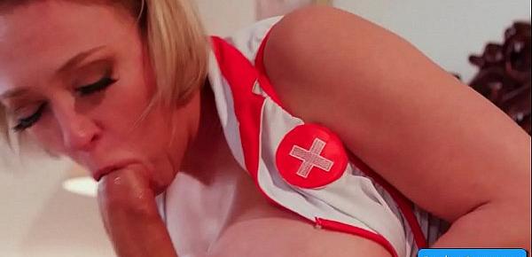  Horny big titted nurse Dee Williams gives amazing handjob and swallow cock like a pro